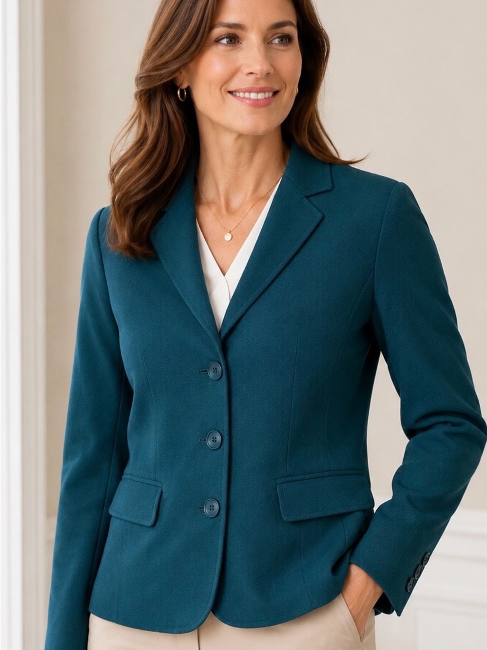 Coldwater Creek Blazer Size 4 Teal Blue/Green Tailored Lined 3 Button Blazer